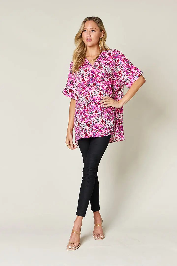 Double Take Full Size Printed V-Neck Short Sleeve Blouse - Love Salve