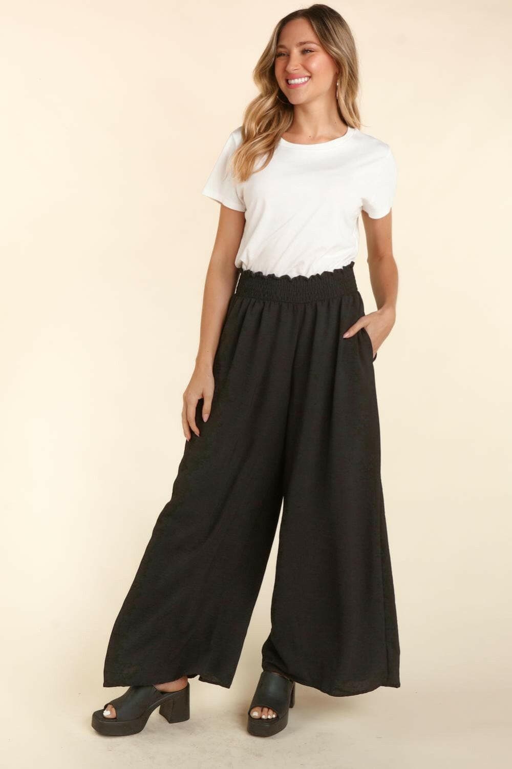 Haptics Elastic Waist Wide Leg Pants with Pockets.