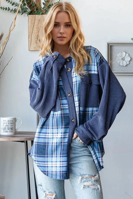 Oh Plaid Button Up Long Sleeve Shacket with Breast Pockets - Love Salve