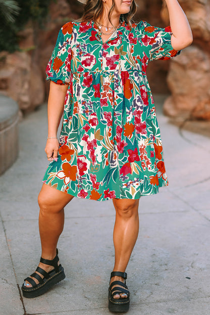 Sky Blue Plus Size Floral Puff Sleeve Babydoll Dress with Tie Neck Detail