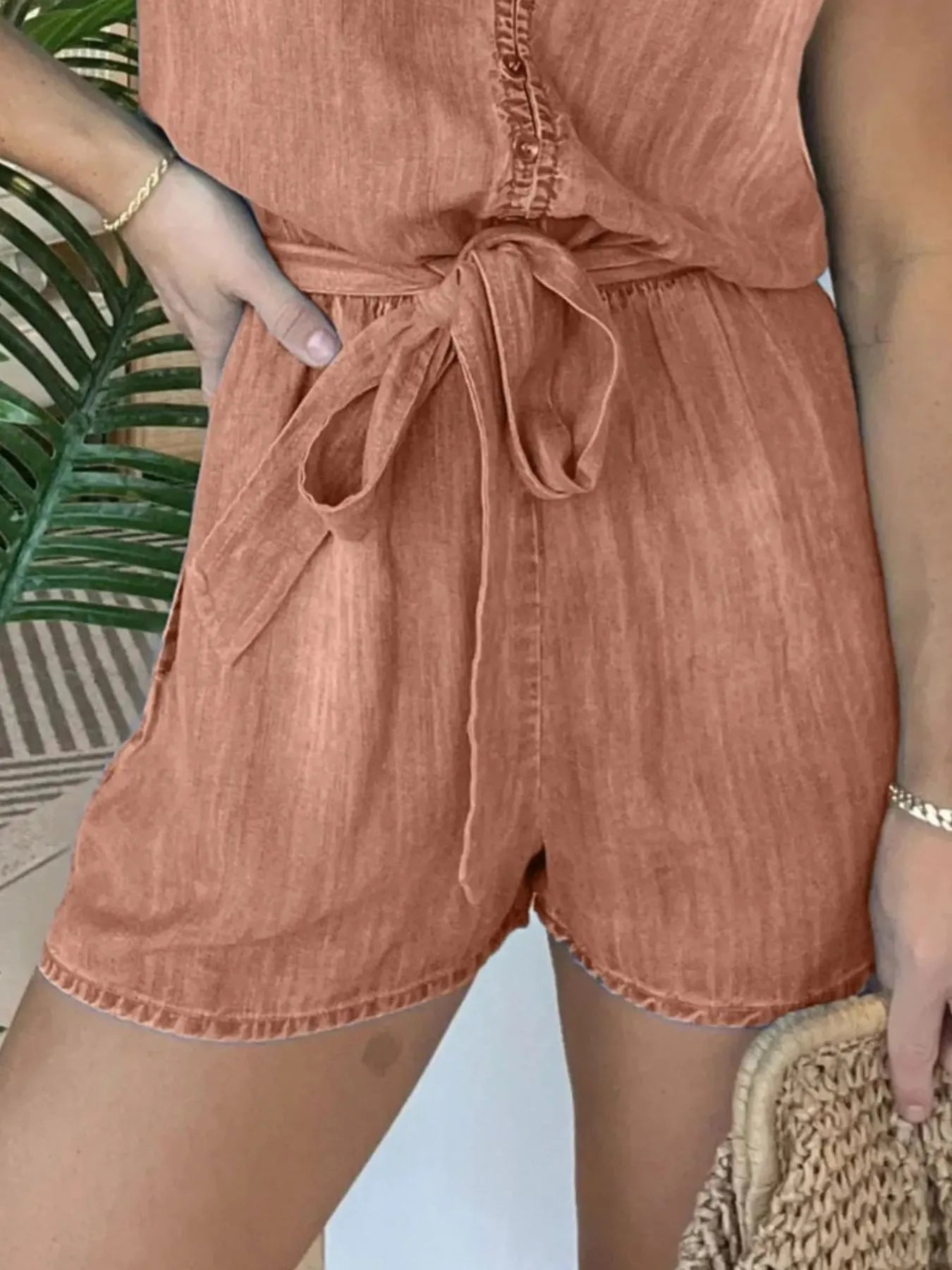 Full Size Tie Waist Cap Sleeve Denim Romper Plus Size