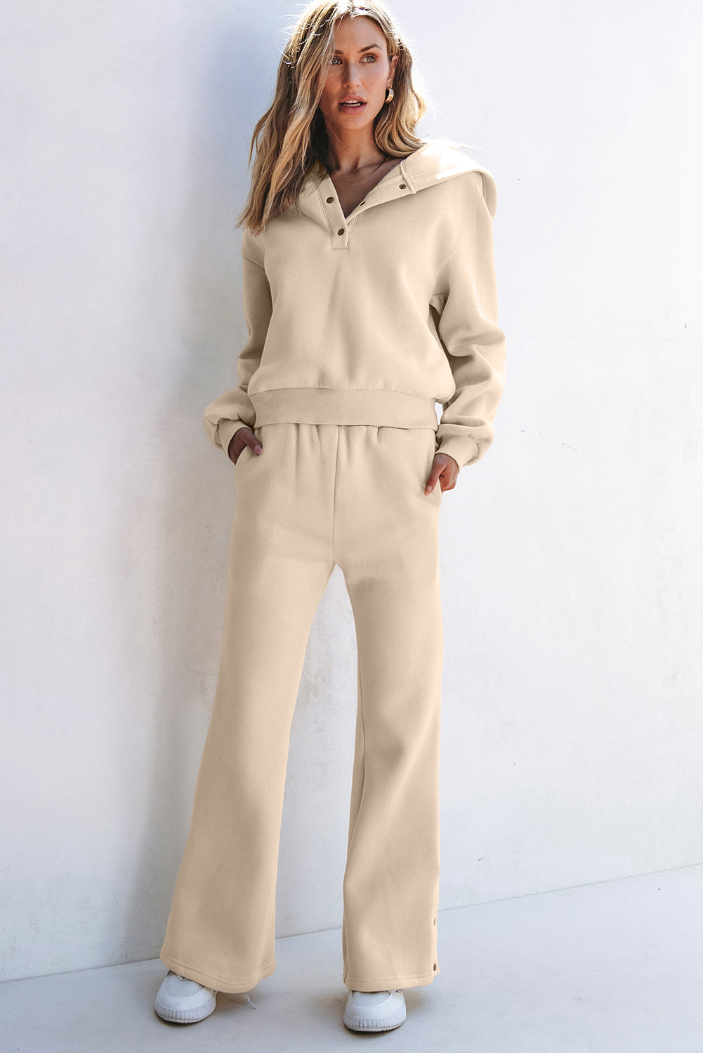 Chic parchment hoodie and high-waisted pants activewear set