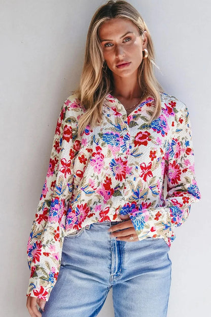 Floral print collared long sleeve blouse