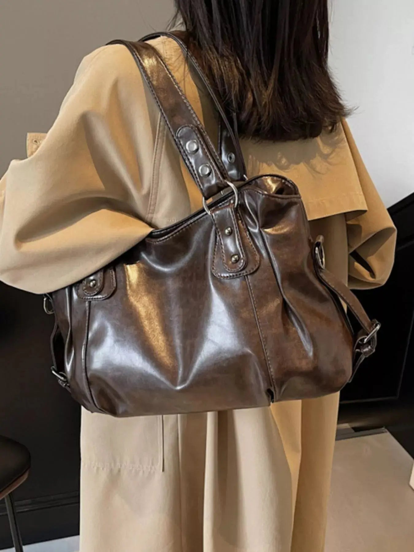 Vintage Style PU Leather Handbag Large Tote With Shoulder Straps Simply Love