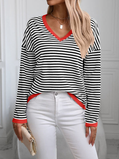 V-neck striped knit top with trim