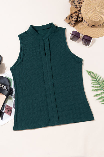 Chic sea green textured tank top with split neckline