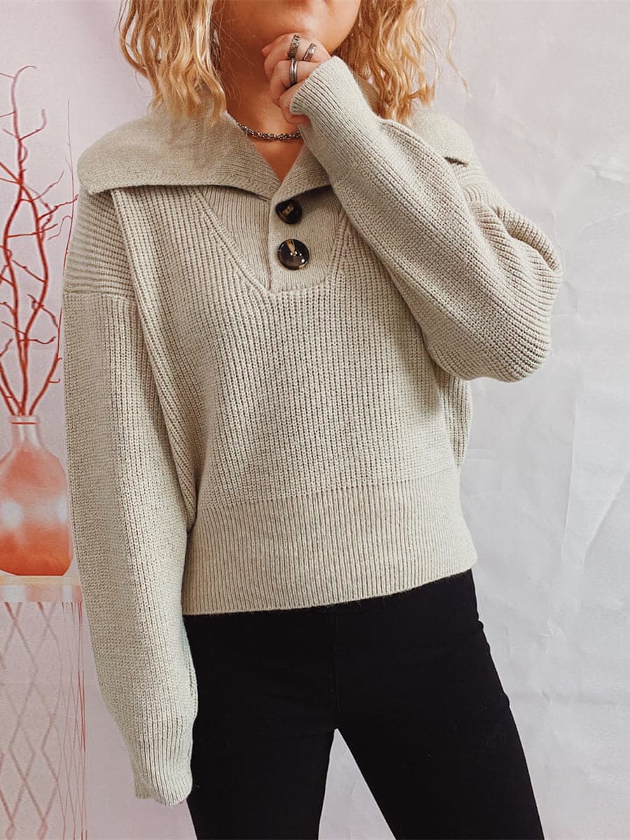 Statement Collar Half Button Sweater.