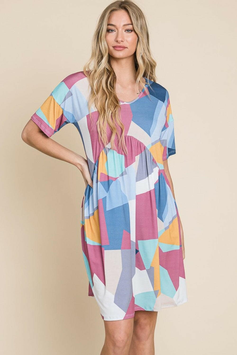 BOMBOM Ruched Color Block Short Sleeve Dress.