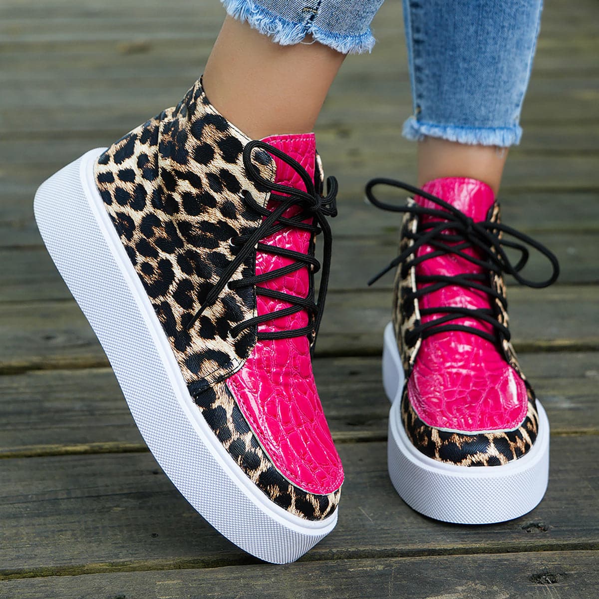 PU Leather Leopard Platform Sneakers.