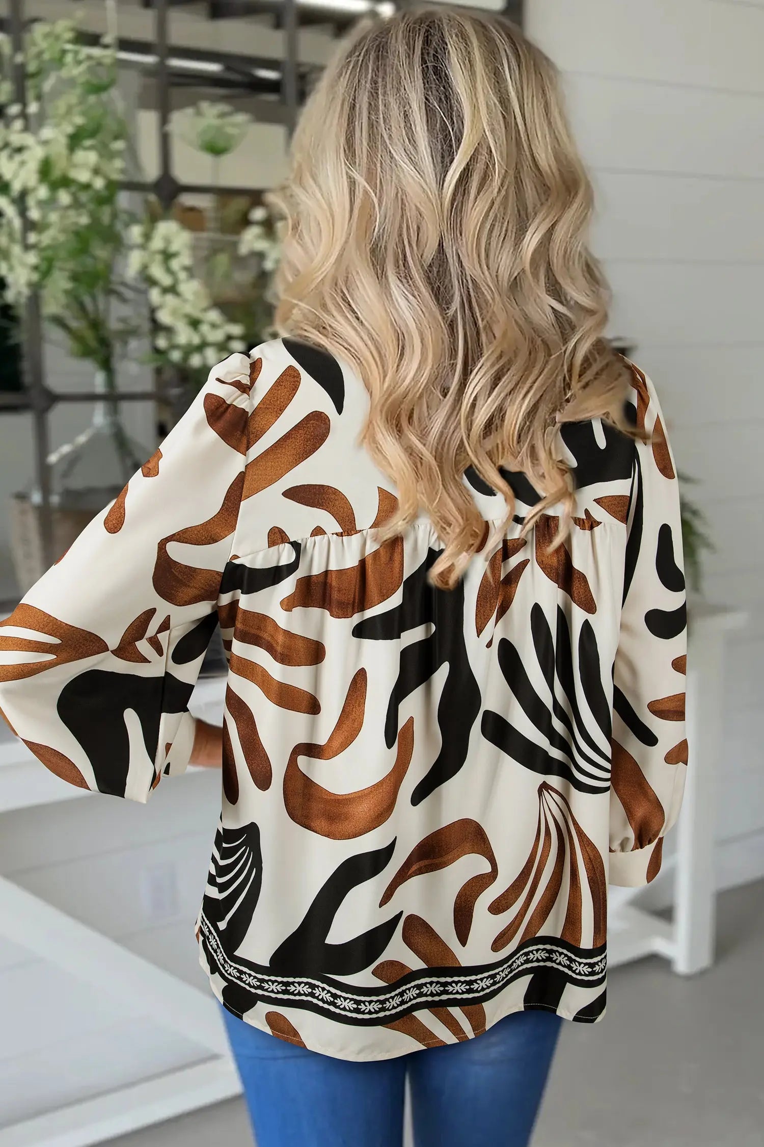 Brown Abstract Print Puff Sleeve Loose Blouse for Women Dear-Lover Dropshipping