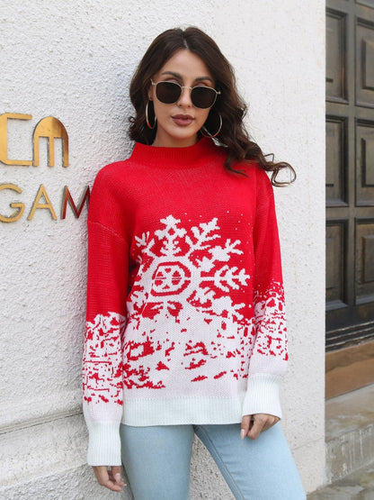 Snowflake Pattern Mock Neck Sweater.