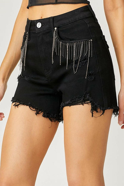 RISEN Frayed Hem Denim Shorts with Fringe Detail Pockets.