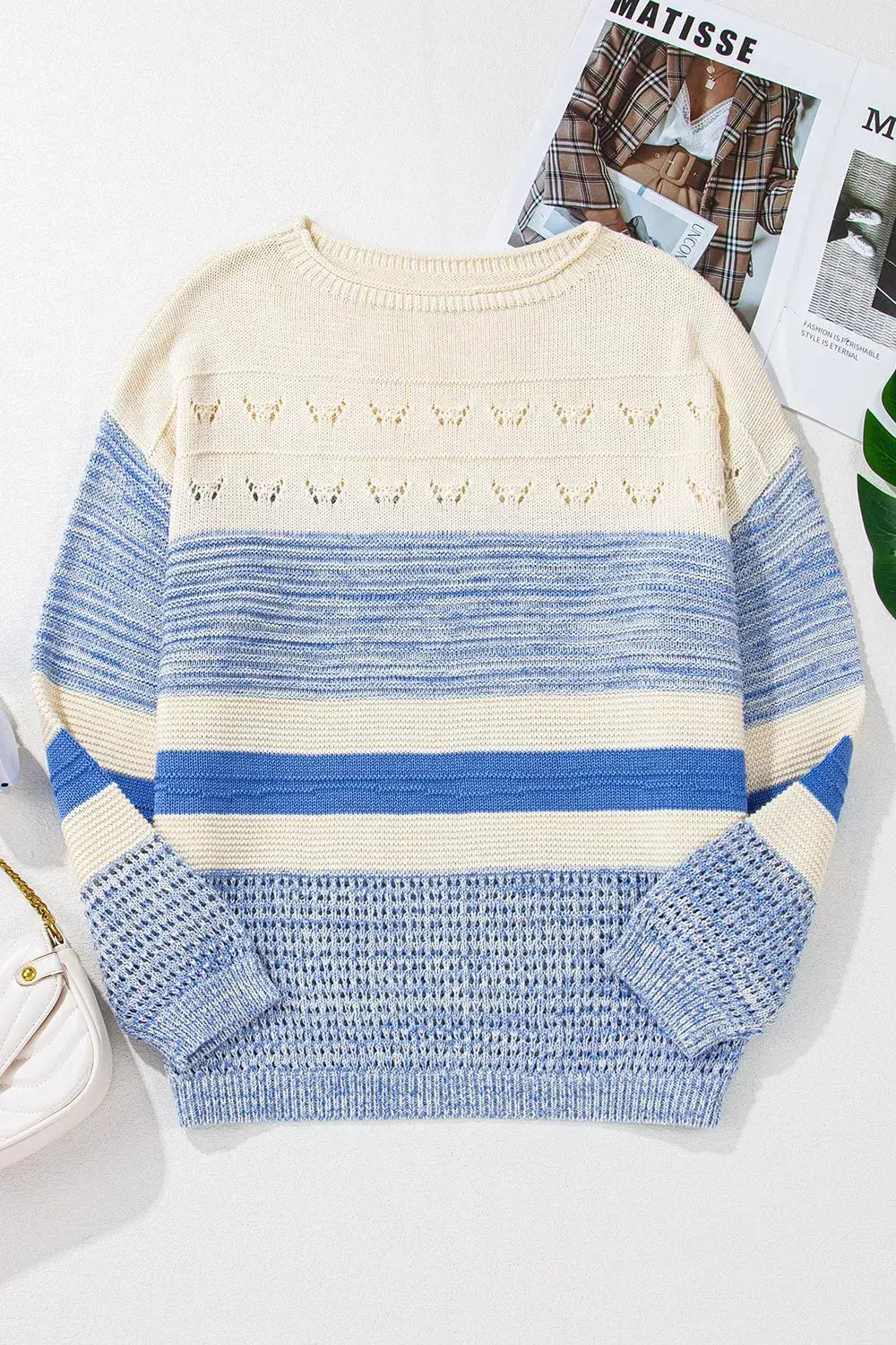 Openwork Striped Knit Long Sleeve Sweater Simply Love