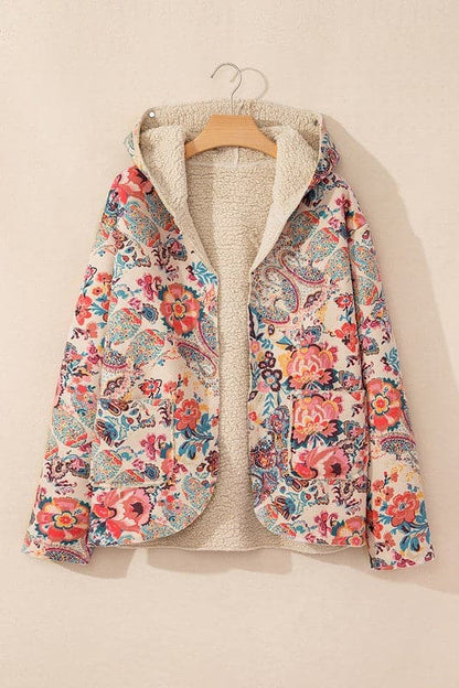 Women Floral Printed Sherpa Lined Hooded Jacket