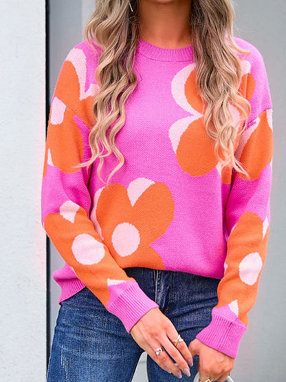 Floral print round neck long sleeve pullover sweater