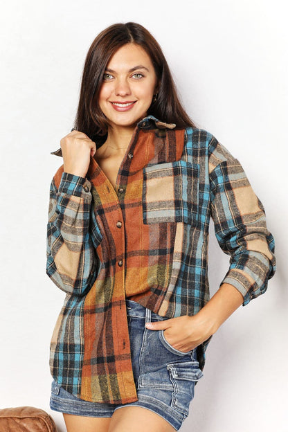 Plaid perfection curved hem shirt jacket with functional pockets