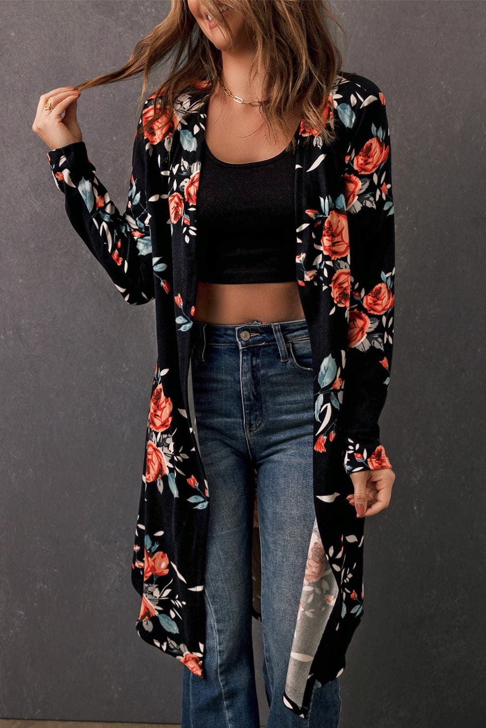 Double Take Printed Open Front Longline Cardigan.