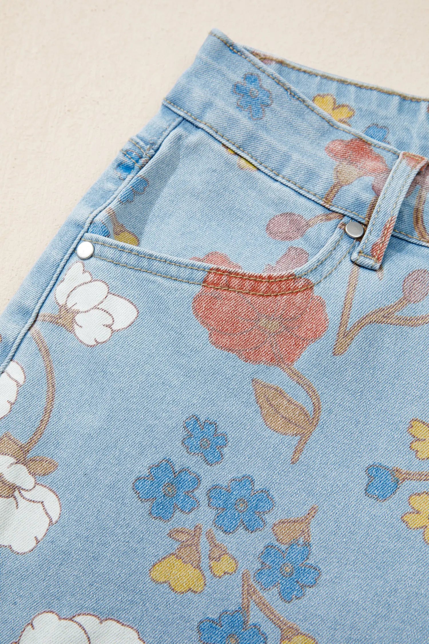 Sky Blue Floral Printed Raw Hem Shift Jeans for Women Dear-Lover Dropshipping