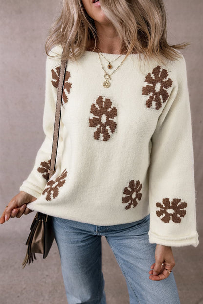 Flower Round Neck Long Sleeve Sweater.