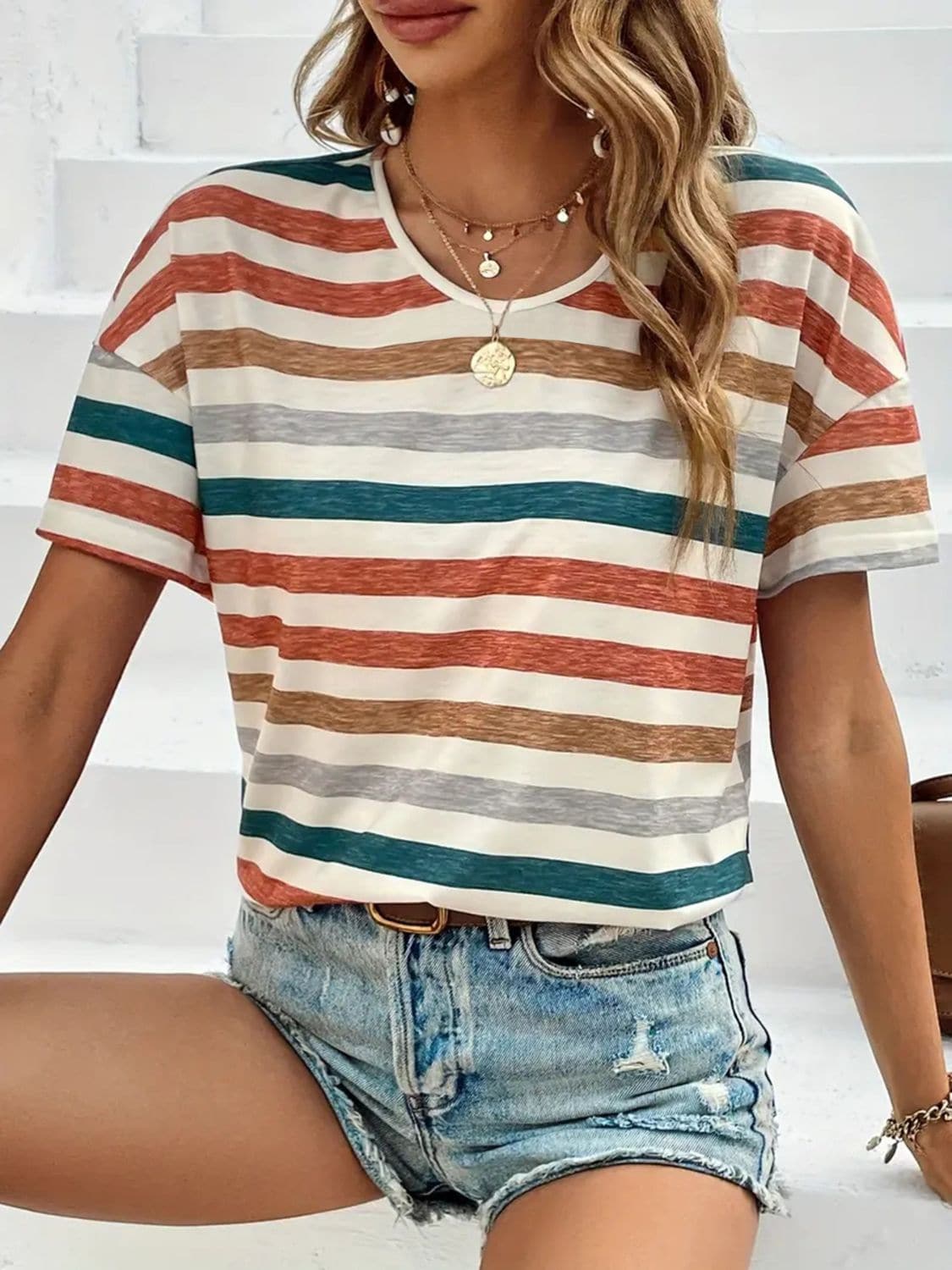 Striped Round Neck Short Sleeve T-Shirt.