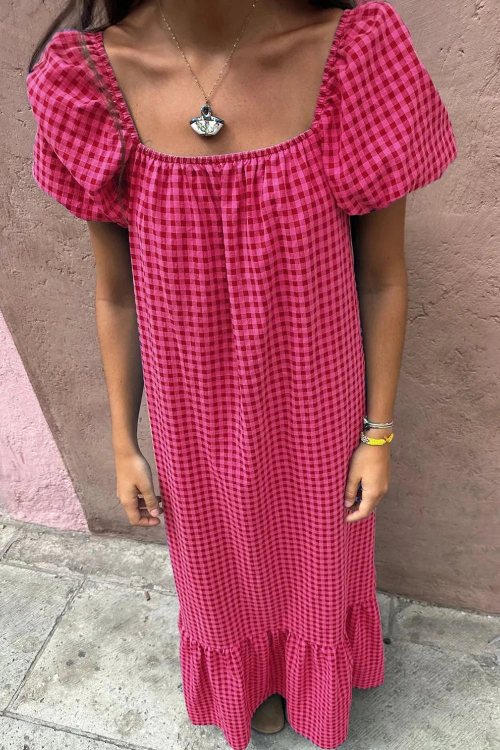 SYNZ Gingham Check Bubble Sleeve Ruffled Maxi Dress Simply Love