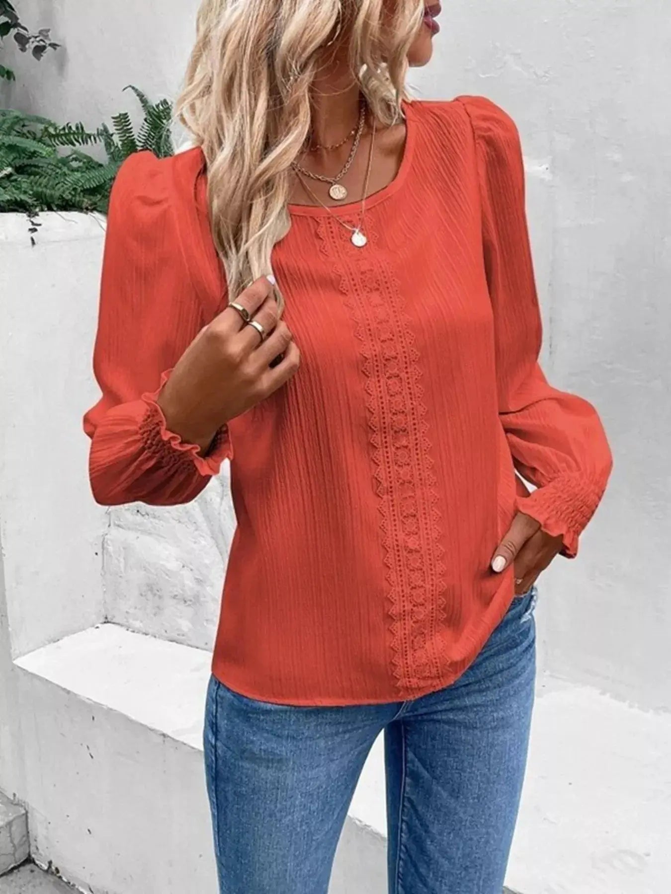Lace Trim Long Sleeve Blouse Simply Love