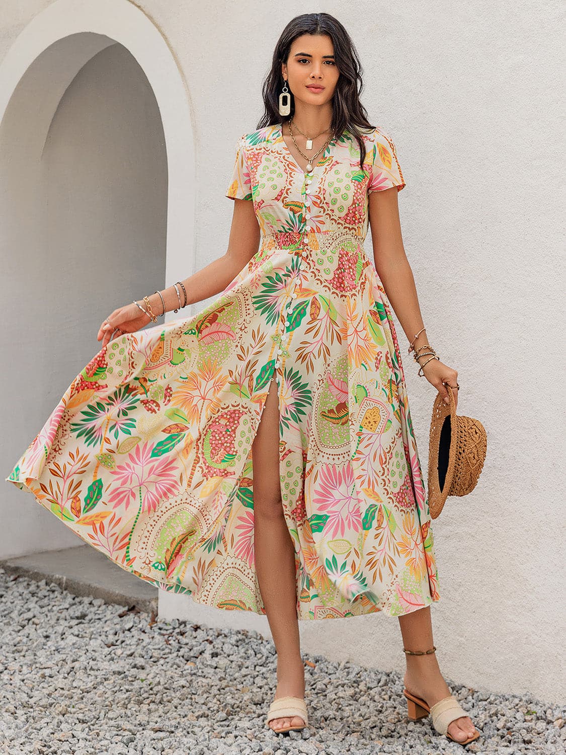 Printed V-Neck Short Sleeve Midi Dress.