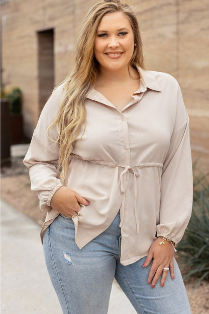 Chic beige puff sleeve tunic shirt for plus sizes