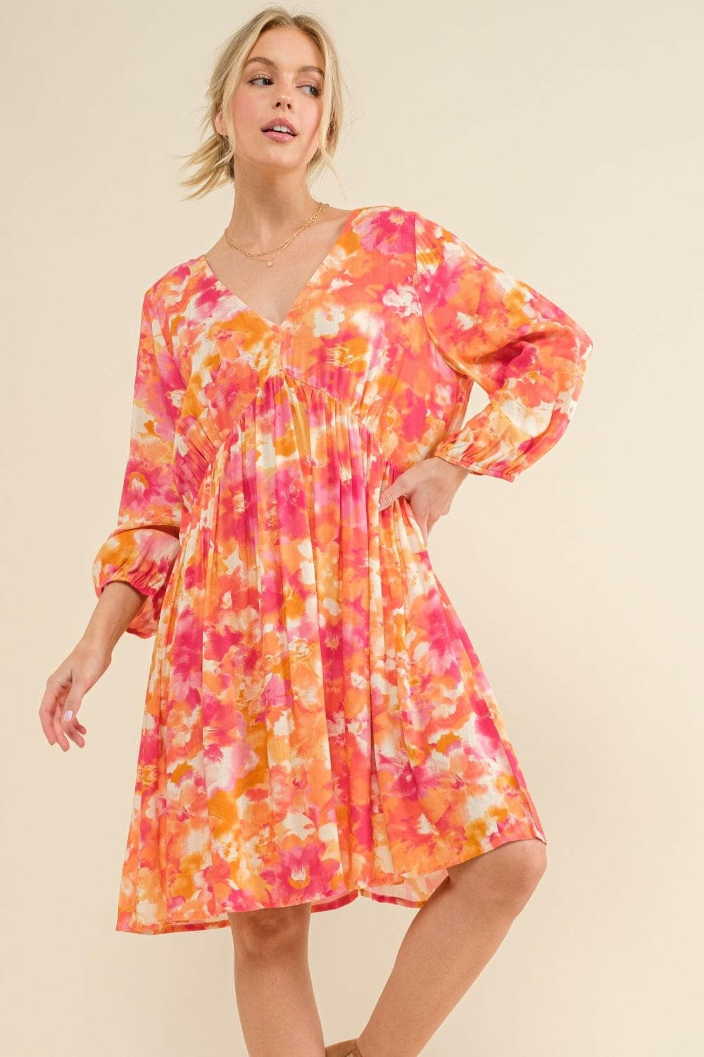 And The Why Full Size Printed Tie Back Long Sleeve Dress.