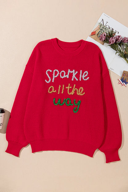 Racing red tinsel plus size sweater with festive letter pattern and crew neck.