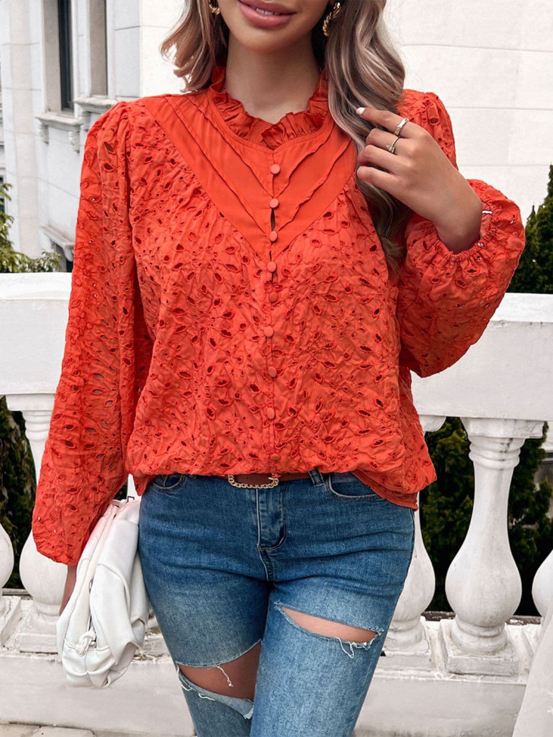 Frill Round Neck Long Sleeve Shirt.