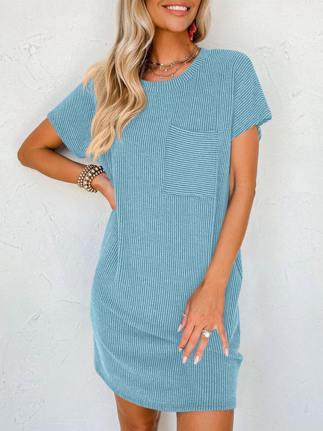 Round Neck Short Sleeve Mini Dress.