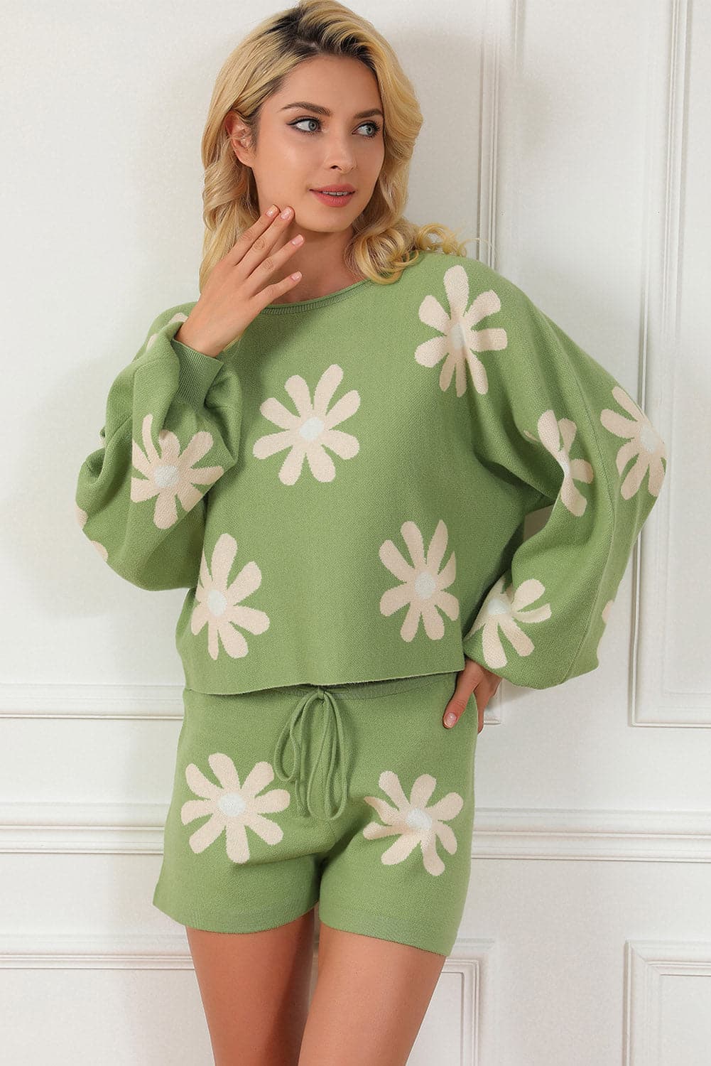 Flower Pattern Long Sleeve Sweater and Drawstring Shorts Set.