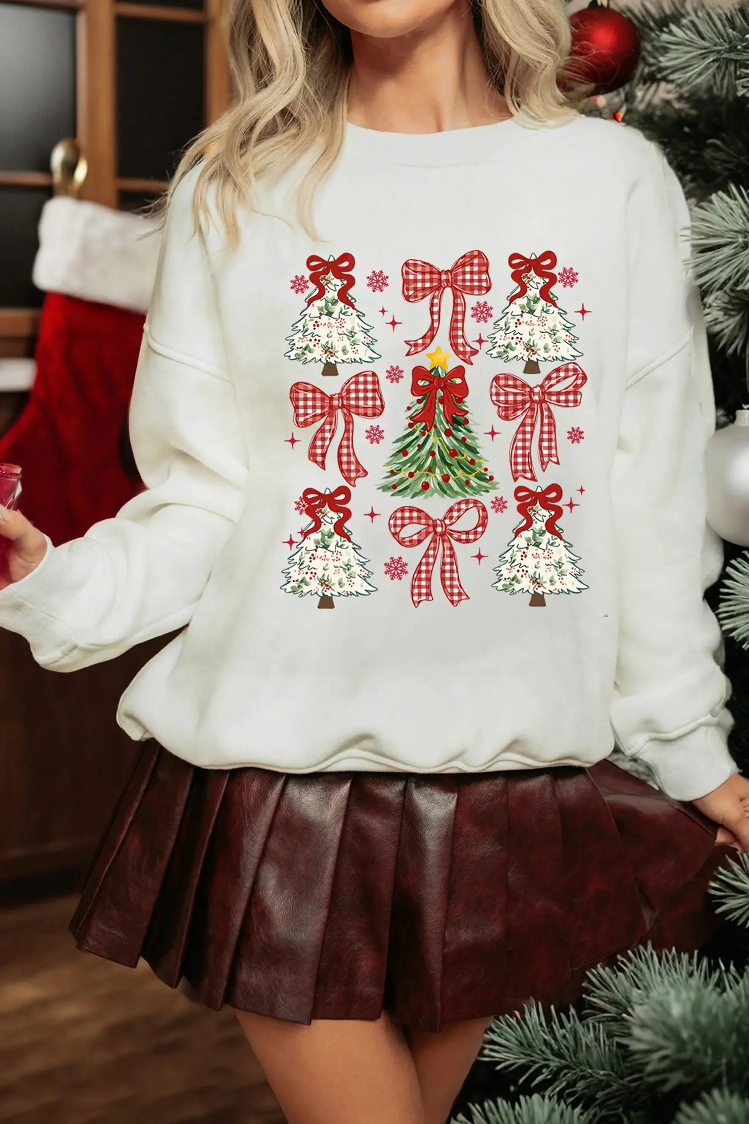 White Christmas Tree Ribbon Bow Printed Drop Shoulder Sweatshirt Dear-Lover Dropshipping