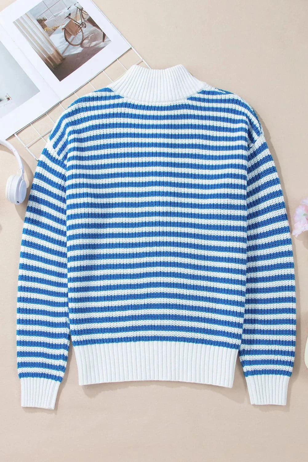 Striped Half Zip Long Sleeve Sweater.