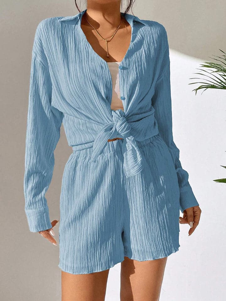 Textured Buttoned Shirt and Shorts Set.