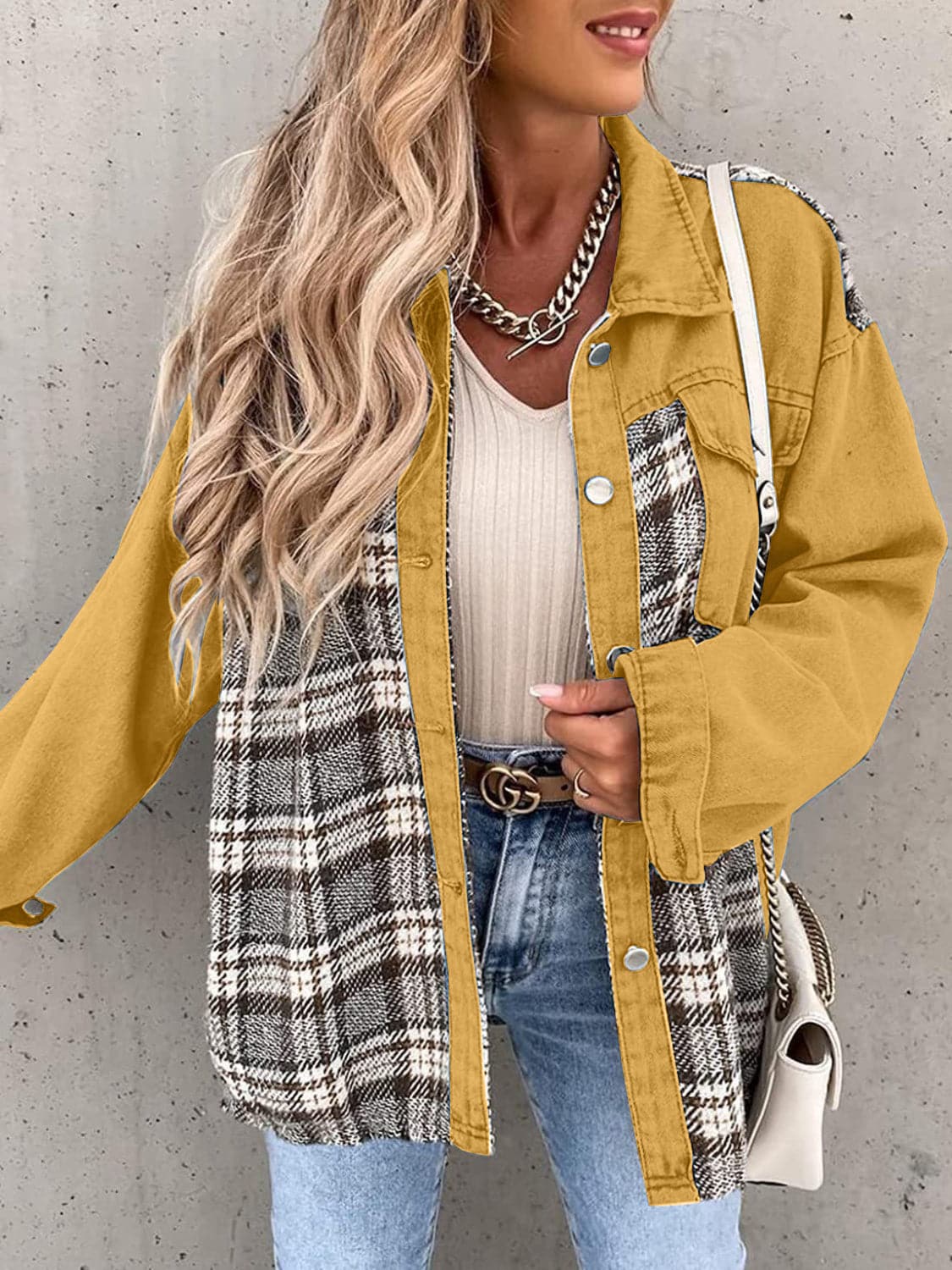 Plaid Button Up Dropped Shoulder Jacket.