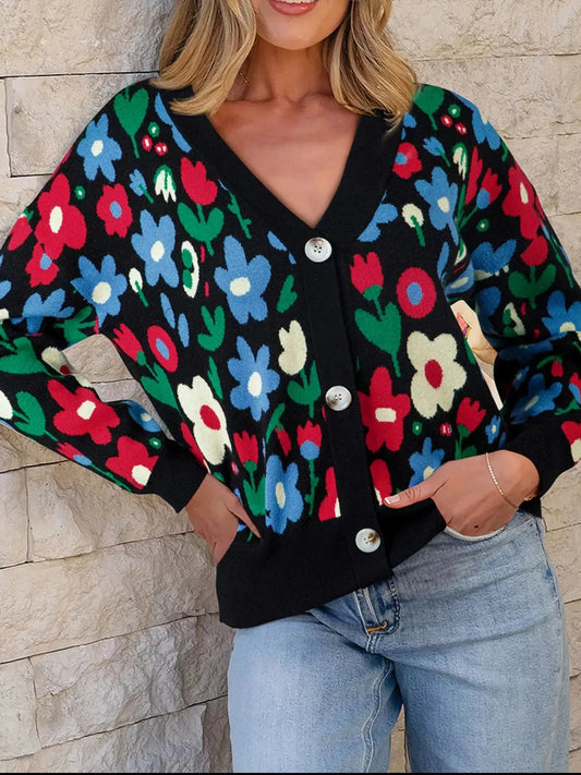 Floral Print V Neck Buttoned Cardigan Simply Love