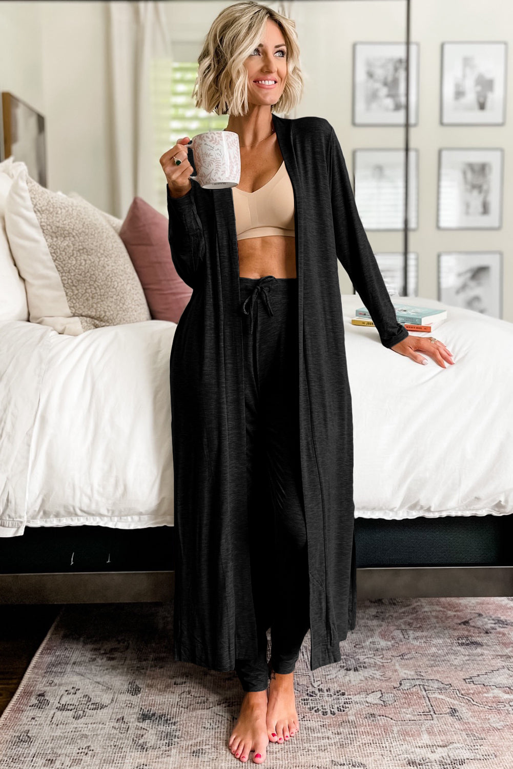 Chic black long cardigan and skinny pants lounge ensemble