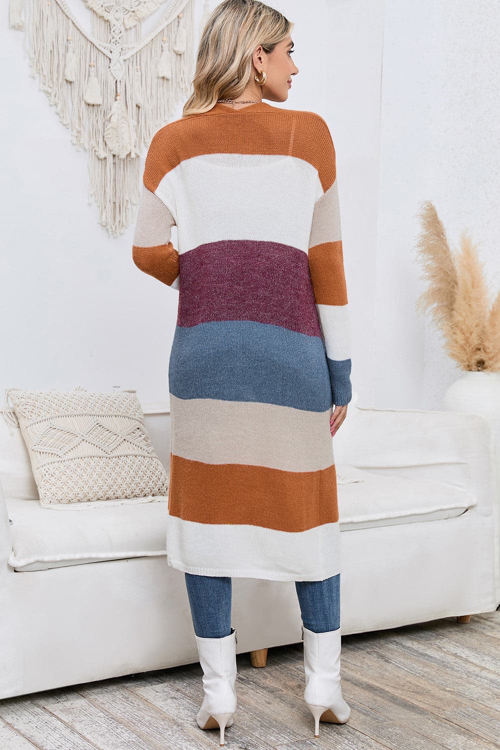 Long Color Block Open Front Pocketed Cardigan.