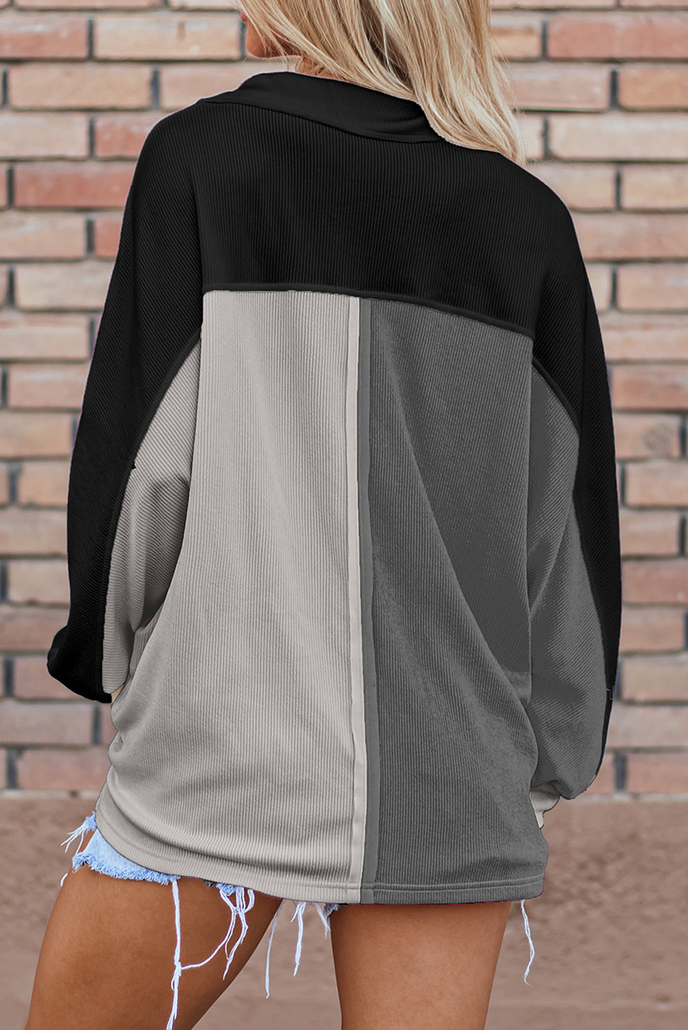 Gray colorblock oversized sweatshirt with collared neckline and button detail