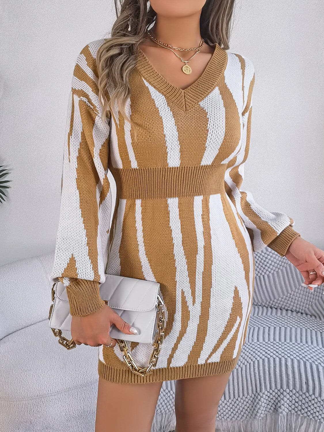 Animal Print V-Neck Long Sleeve Sweater Dress.