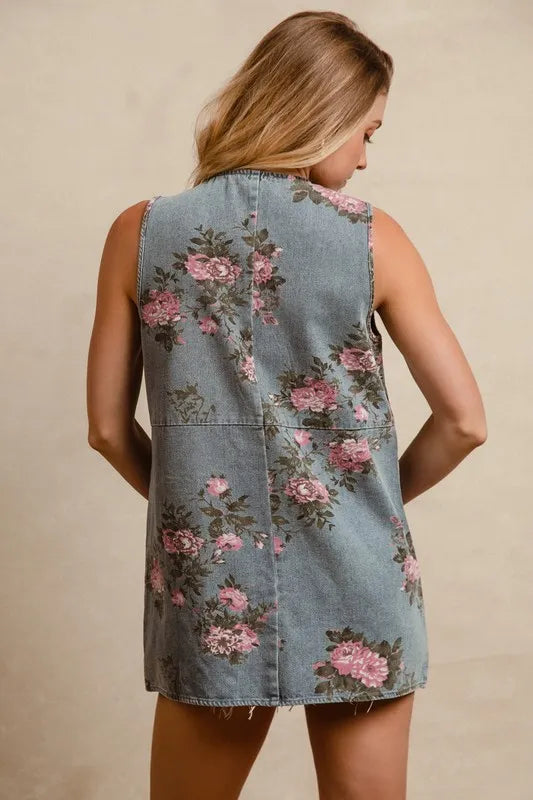 BiBi Floral Print Washed Denim Long Rider Vest - Love Salve 