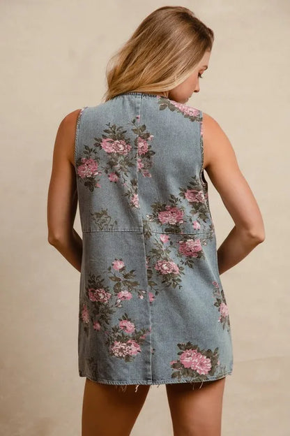 BiBi Floral Print Washed Denim Long Rider Vest - Love Salve 