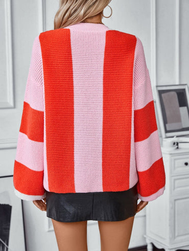 Color Block Long Sleeve Knit Sweater with Round Neck