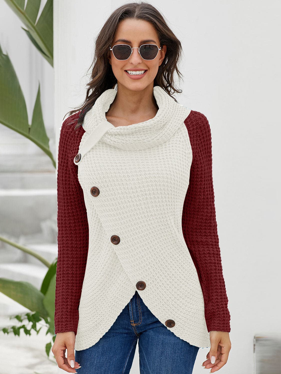 Contrast Decorative Button Turtleneck Sweater.