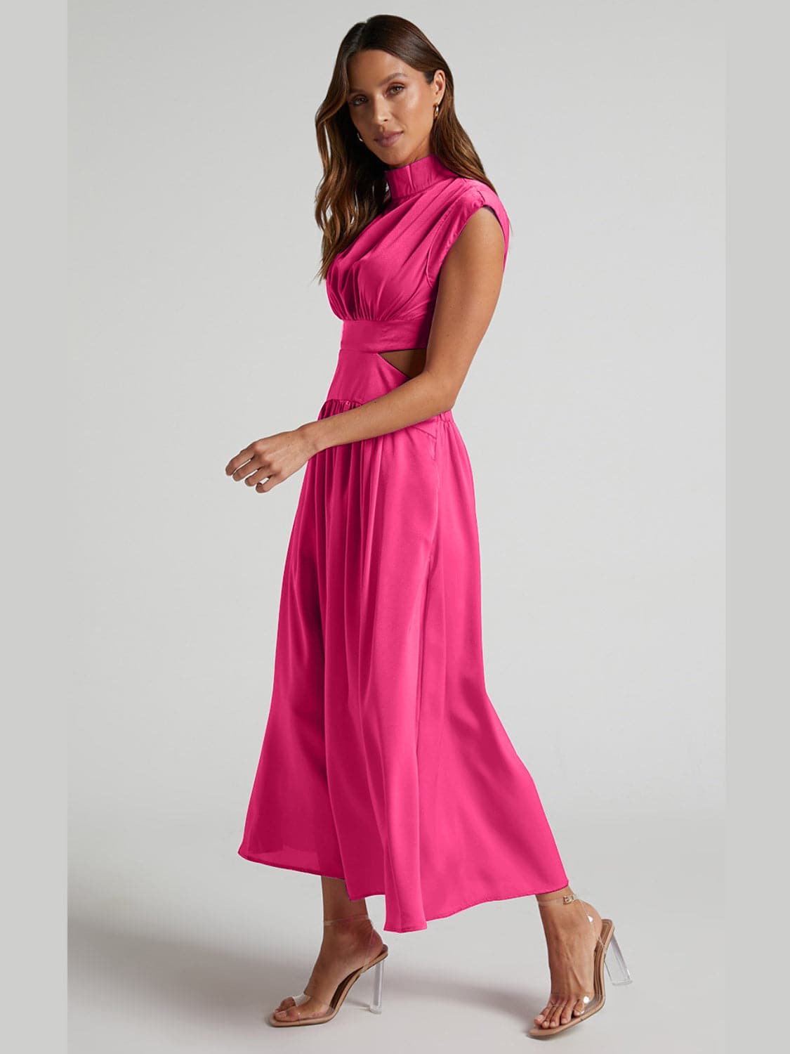 Cutout Mock Neck Sleeveless Ruched Dress.