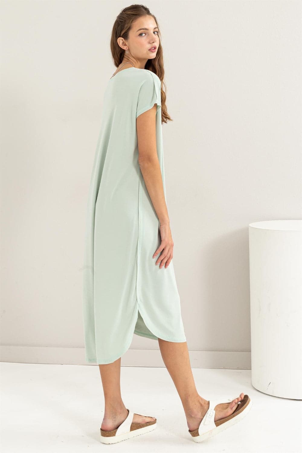 HYFVE Short Sleeve High-Low Slit Midi Dress.