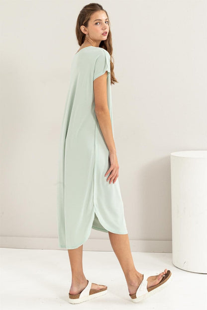 HYFVE Short Sleeve High-Low Slit Midi Dress.