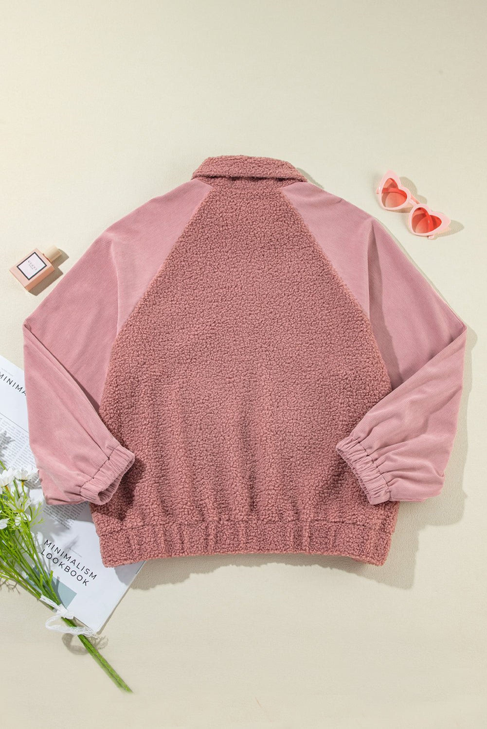 Cozy rose pink sherpa jacket with lace detailing and zip-up style